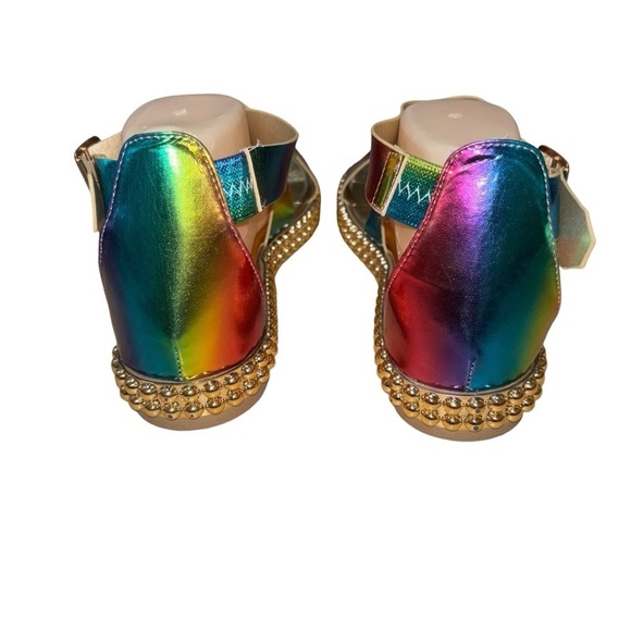 Bamboo Women's Size 10 Strappy Sandals Rainbow Iridescent Buckle Closure Flats - Picture 3 of 10